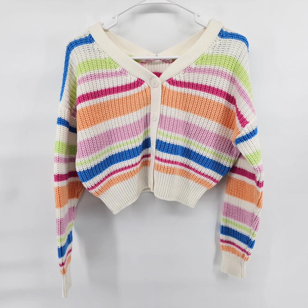Jessica Simpson Cardigan Womens Medium‎ Multi Color Striped Cropped V-Neck